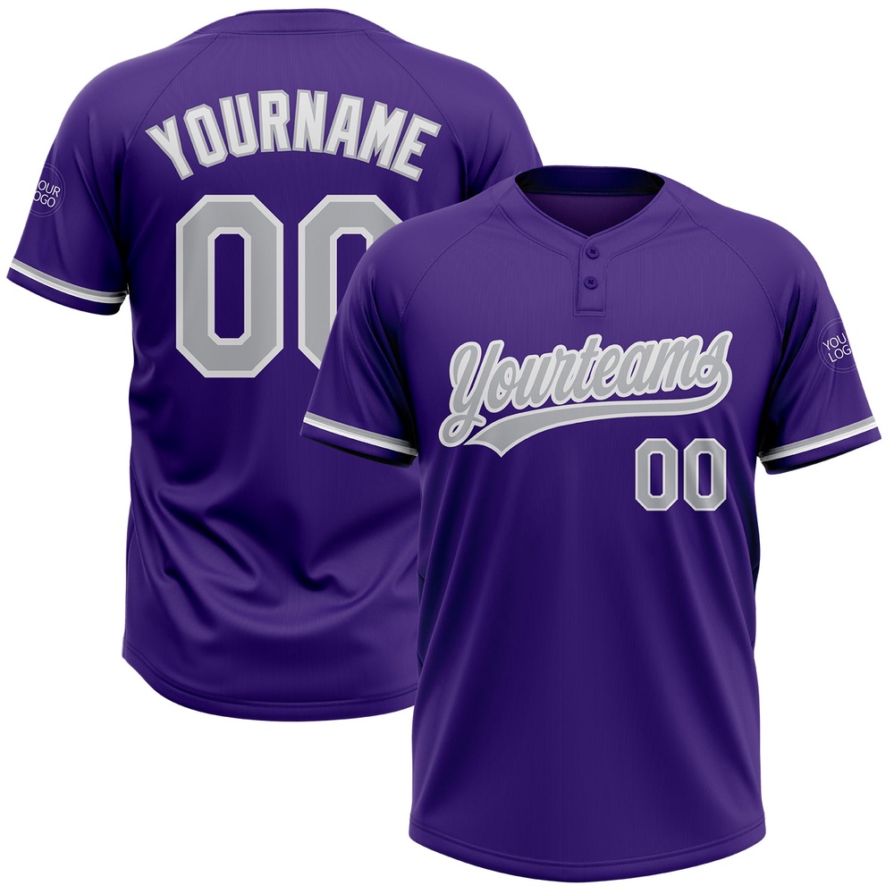 Purple Gray White Two Button Unisex Softball Jersey, Custom Team Softball Jersey Purple Gray White Two Button Unisex Softball Jersey, Custom Team Softball Jersey