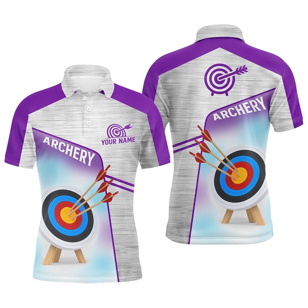 Purple Grey Target Archery Polo Shirts For Men, Custom Name Archery Polo, Custom Archery Team Polo Shirt