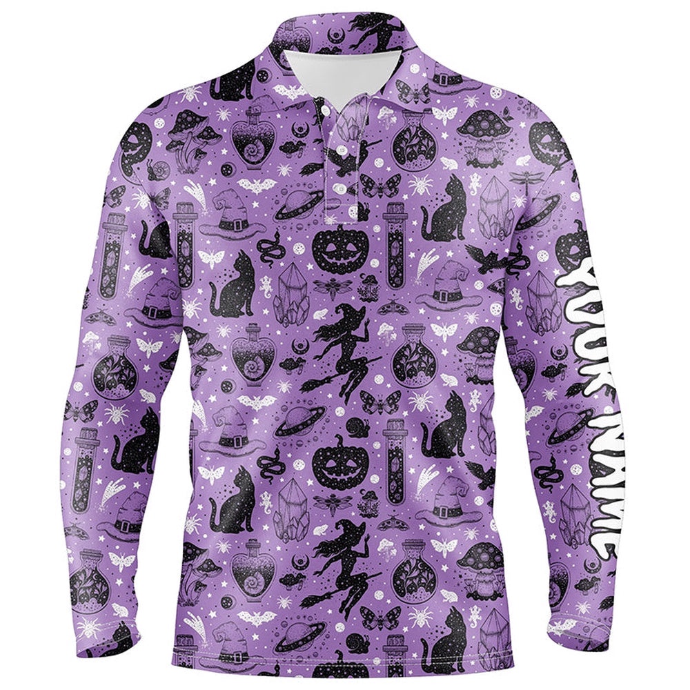 Purple Halloween Seamless With Pumpkin Cat Witch Funny Magic Halloween Golf Shirts For Men, Golf Polo Shirt, Golf Shirts Purple Halloween Seamless With Pumpkin Cat Witch Funny Magic Halloween Golf Shirts For Men, Golf Polo Shirt, Golf Shirts