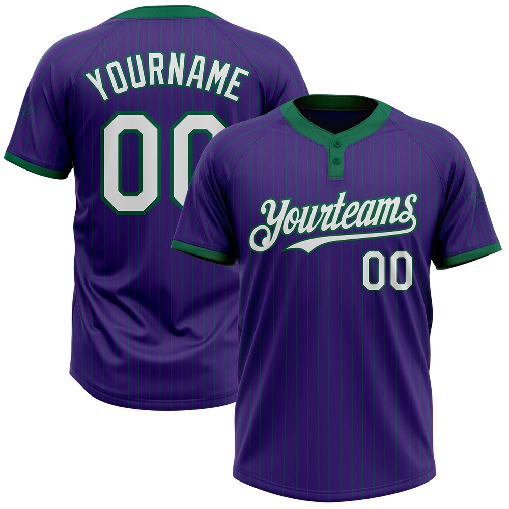 Purple Kelly Green Pinstripe White Two Button Unisex Softball Jersey, Custom Team Softball Jersey Purple Kelly Green Pinstripe White Two Button Unisex Softball Jersey, Custom Team Softball Jersey