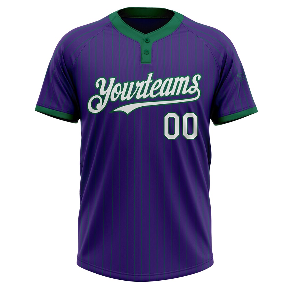 Purple Kelly Green Pinstripe White Two Button Unisex Softball Jersey, Custom Team Softball Jersey Purple Kelly Green Pinstripe White Two Button Unisex Softball Jersey, Custom Team Softball Jersey