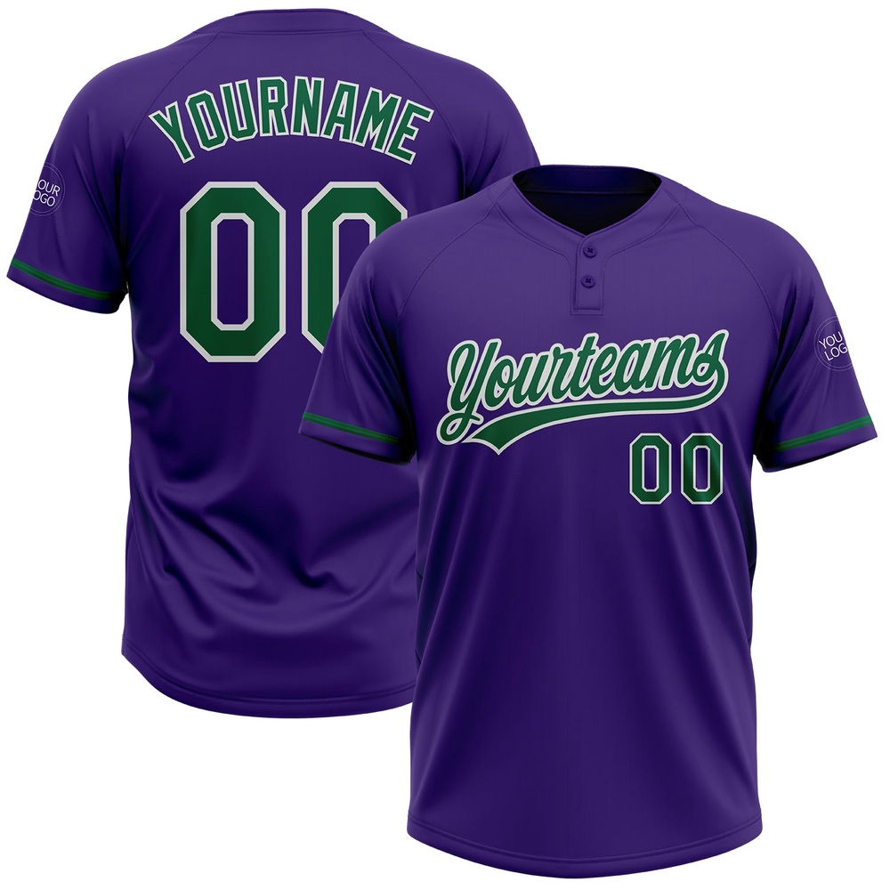 Purple Kelly Green White Two Button Unisex Softball Jersey, Custom Team Softball Jersey