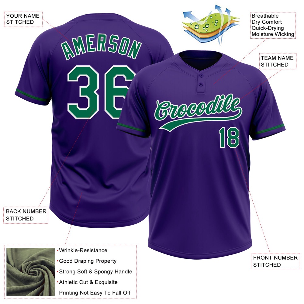 Purple Kelly Green White Two Button Unisex Softball Jersey, Custom Team Softball Jersey