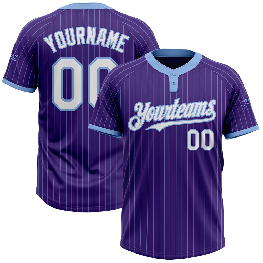 Purple Light Blue Pinstripe White Two Button Unisex Softball Jersey, Custom Team Softball Jersey Purple Light Blue Pinstripe White Two Button Unisex Softball Jersey, Custom Team Softball Jersey