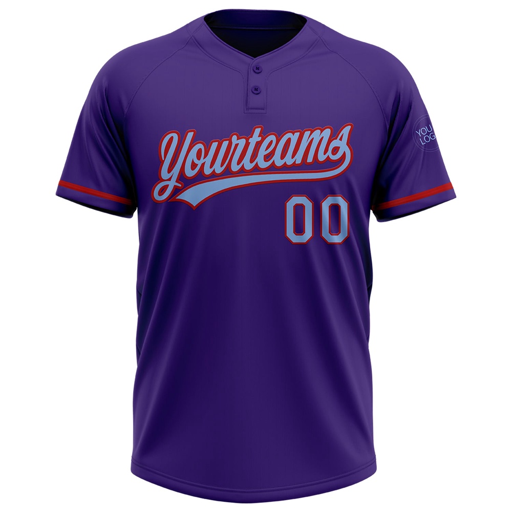 Purple Light Blue Red Two Button Unisex Softball Jersey, Custom Team Softball Jersey Purple Light Blue Red Two Button Unisex Softball Jersey, Custom Team Softball Jersey