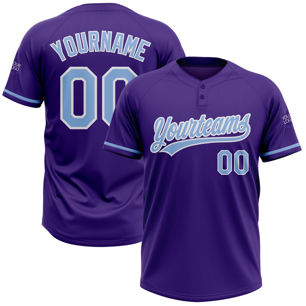 Purple Light Blue White Two Button Unisex Softball Jersey, Custom Team Softball Jersey Purple Light Blue White Two Button Unisex Softball Jersey, Custom Team Softball Jersey