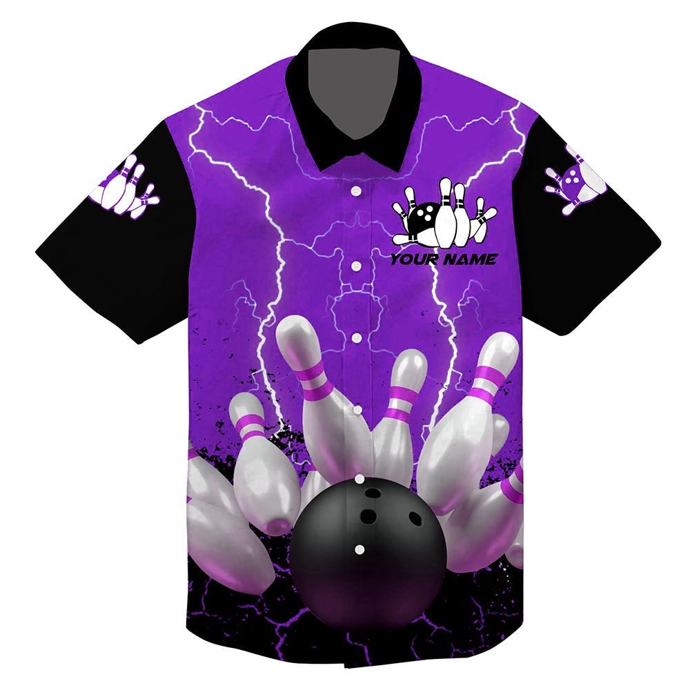 Purple Lightning Hawaiian Bowling Shirts, Custom Bowling Shirt, Custom Team Bowling Hawaiian Shirt