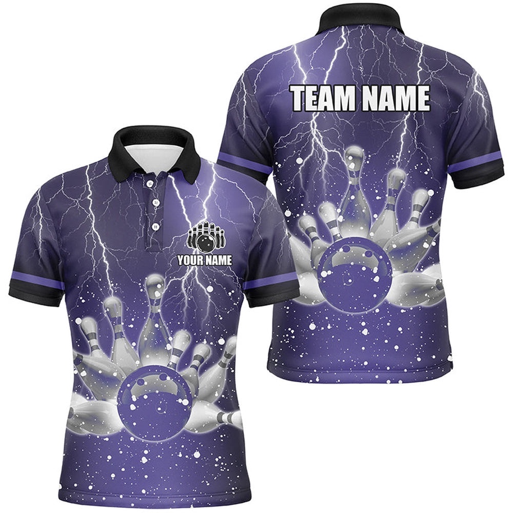 Purple Lightning Thunder Men Polo, Zip Shirts Custom Bowling Team Polo Shirt, Gift For Bowlers, Personalized Bowling Team Shirt