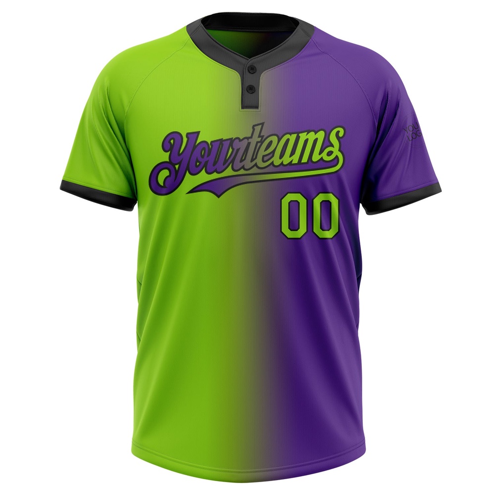 Purple Neon Green Black Gradient Fashion Two Button Unisex Softball Jersey, Custom Team Softball Jersey Purple Neon Green Black Gradient Fashion Two Button Unisex Softball Jersey, Custom Team Softball Jersey