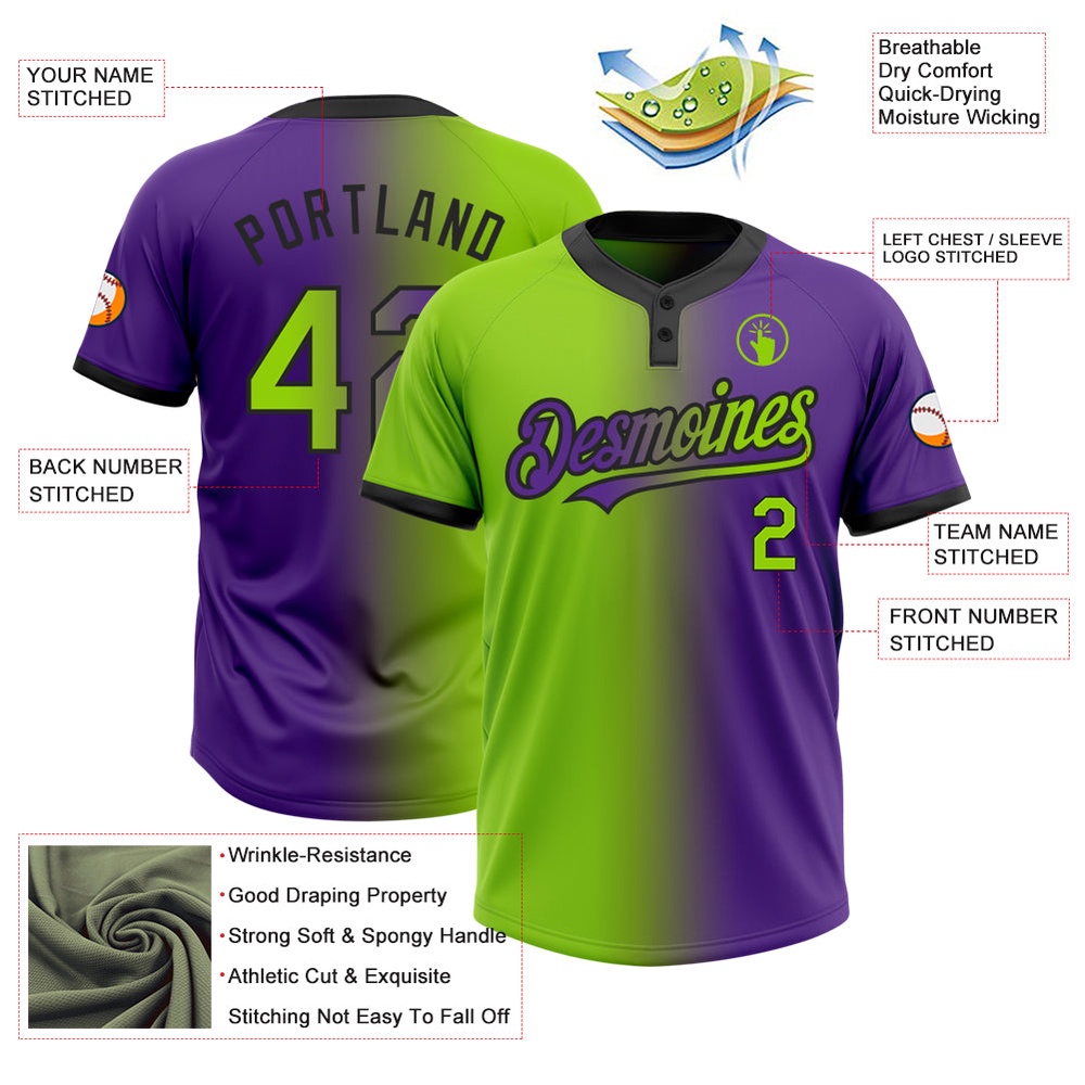Purple Neon Green Black Gradient Fashion Two Button Unisex Softball Jersey, Custom Team Softball Jersey Purple Neon Green Black Gradient Fashion Two Button Unisex Softball Jersey, Custom Team Softball Jersey