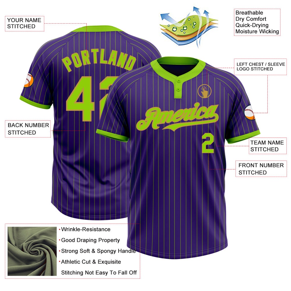Purple Neon Green Pinstripe Old Gold Two Button Unisex Softball Jersey, Custom Team Softball Jersey Purple Neon Green Pinstripe Old Gold Two Button Unisex Softball Jersey, Custom Team Softball Jersey
