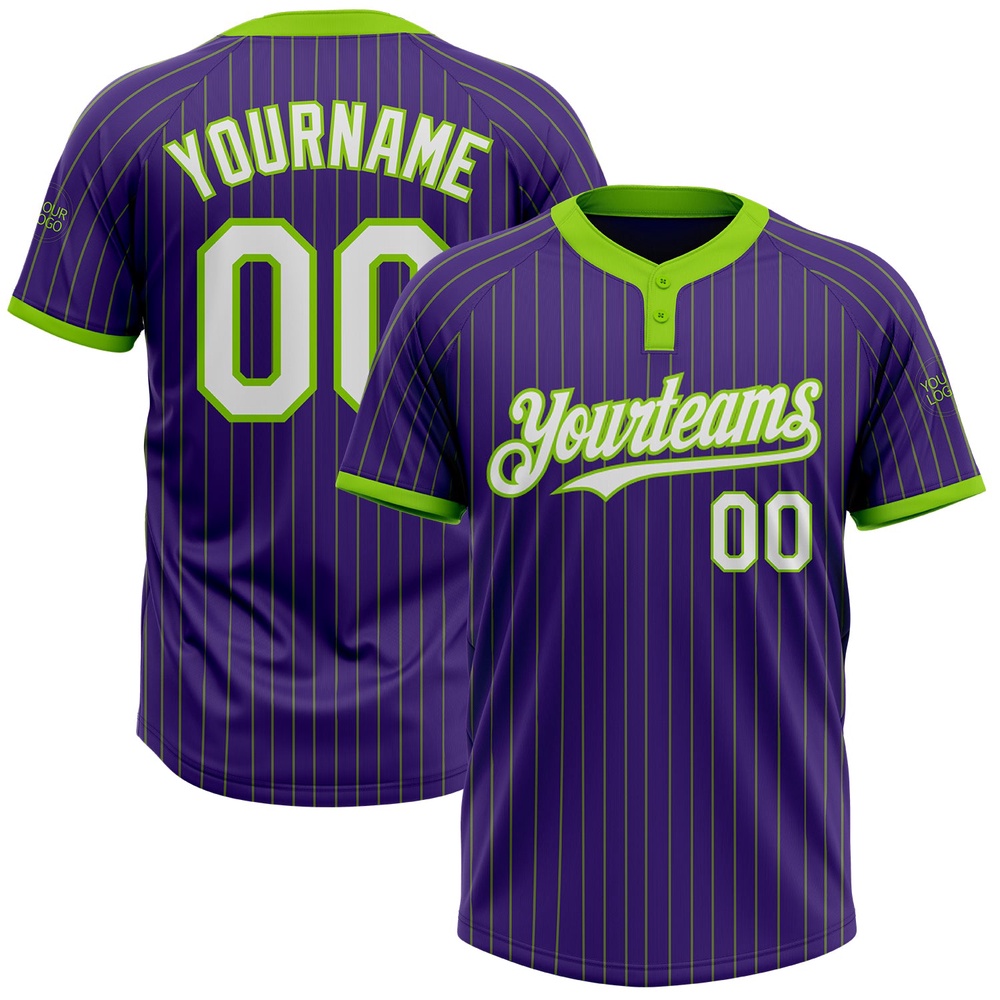 Purple Neon Green Pinstripe White Two Button Unisex Softball Jersey, Custom Team Softball Jersey Purple Neon Green Pinstripe White Two Button Unisex Softball Jersey, Custom Team Softball Jersey