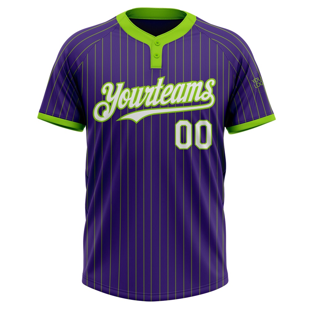 Purple Neon Green Pinstripe White Two Button Unisex Softball Jersey, Custom Team Softball Jersey Purple Neon Green Pinstripe White Two Button Unisex Softball Jersey, Custom Team Softball Jersey