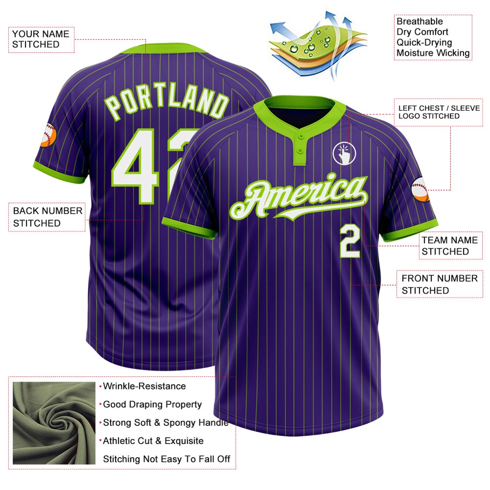Purple Neon Green Pinstripe White Two Button Unisex Softball Jersey, Custom Team Softball Jersey Purple Neon Green Pinstripe White Two Button Unisex Softball Jersey, Custom Team Softball Jersey