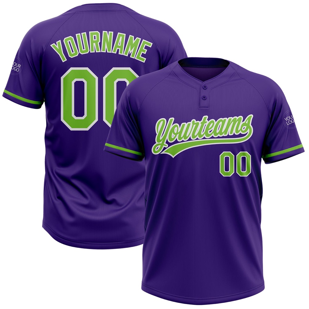 Purple Neon Green White Two Button Unisex Softball Jersey, Custom Team Softball Jersey Purple Neon Green White Two Button Unisex Softball Jersey, Custom Team Softball Jersey
