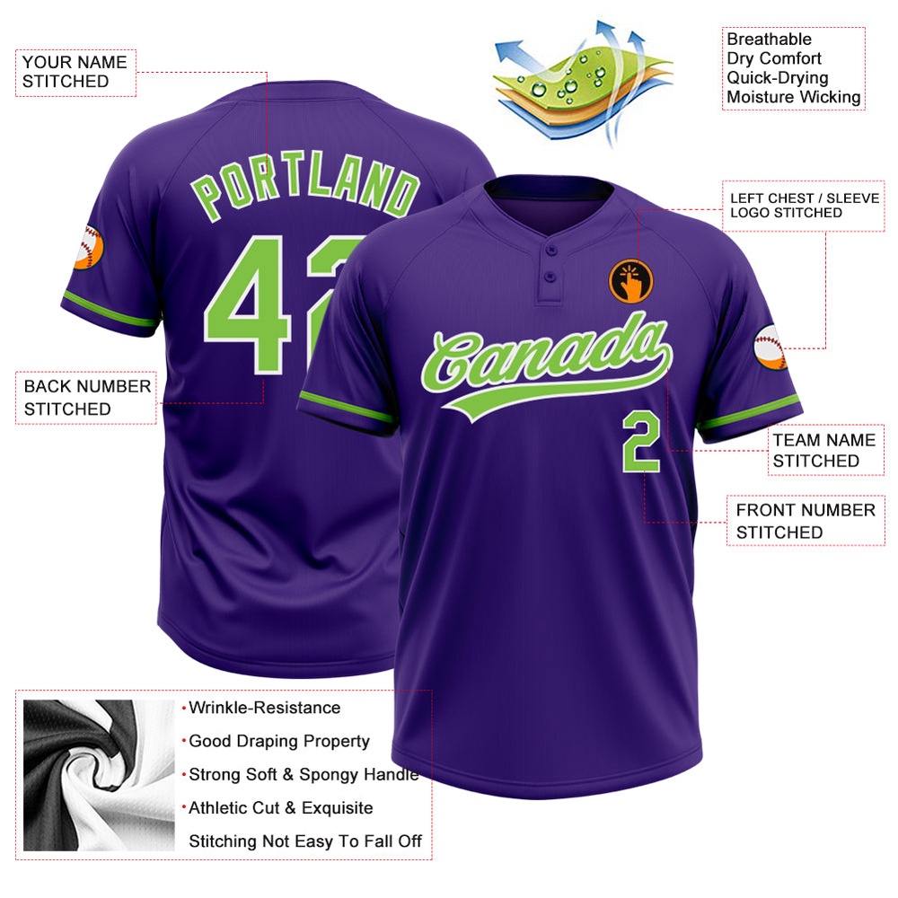 Purple Neon Green White Two Button Unisex Softball Jersey, Custom Team Softball Jersey Purple Neon Green White Two Button Unisex Softball Jersey, Custom Team Softball Jersey