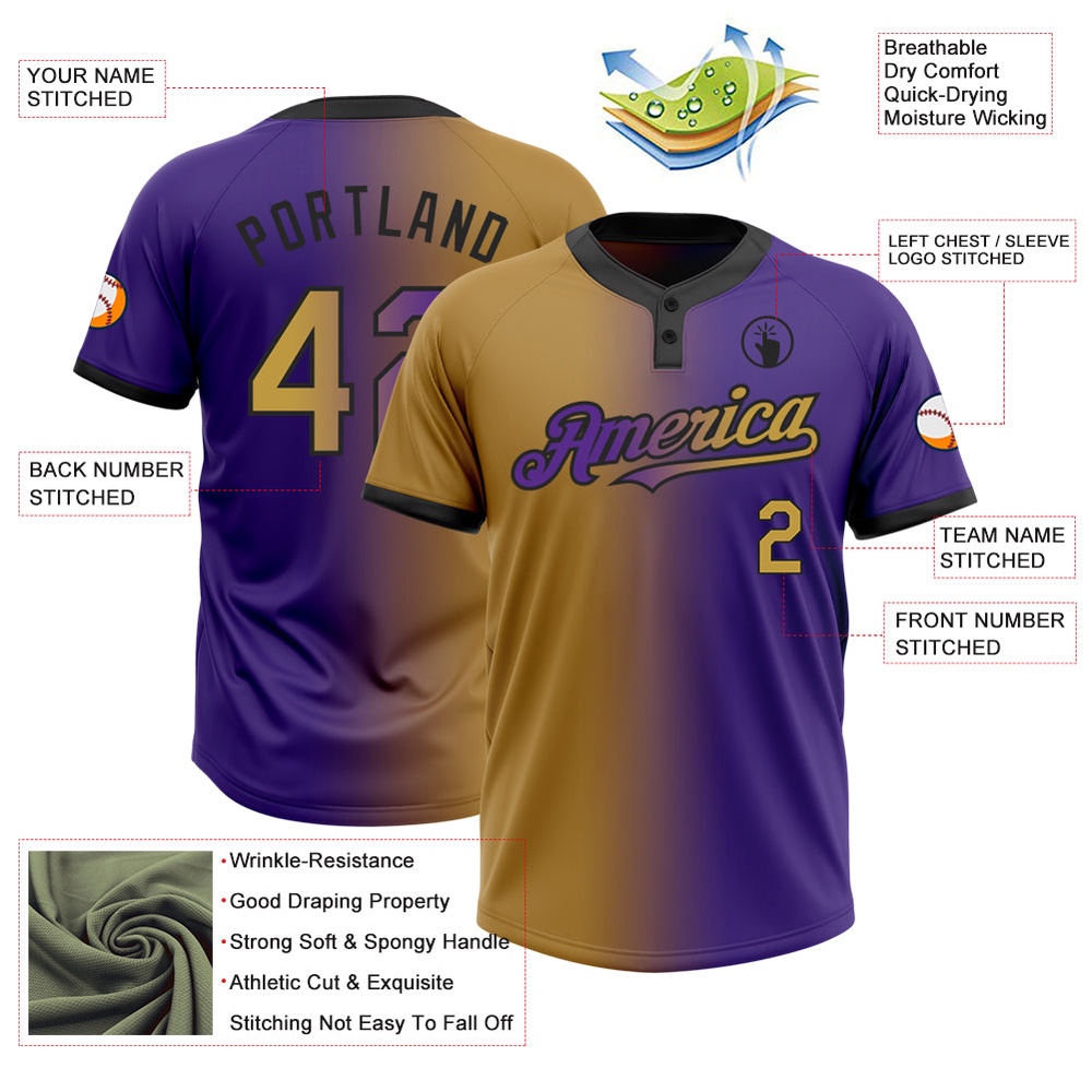 Purple Old Gold Black Gradient Fashion Two Button Unisex Softball Jersey, Custom Team Softball Jersey Purple Old Gold Black Gradient Fashion Two Button Unisex Softball Jersey, Custom Team Softball Jersey