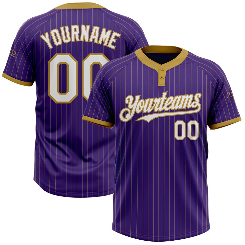 Purple Old Gold Pinstripe White Two Button Unisex Softball Jersey, Custom Team Softball Jersey Purple Old Gold Pinstripe White Two Button Unisex Softball Jersey, Custom Team Softball Jersey