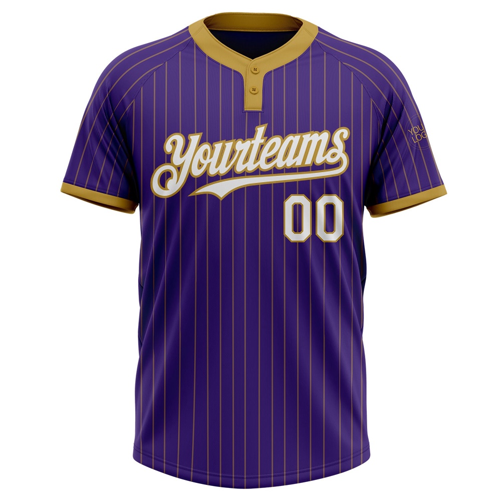 Purple Old Gold Pinstripe White Two Button Unisex Softball Jersey, Custom Team Softball Jersey Purple Old Gold Pinstripe White Two Button Unisex Softball Jersey, Custom Team Softball Jersey