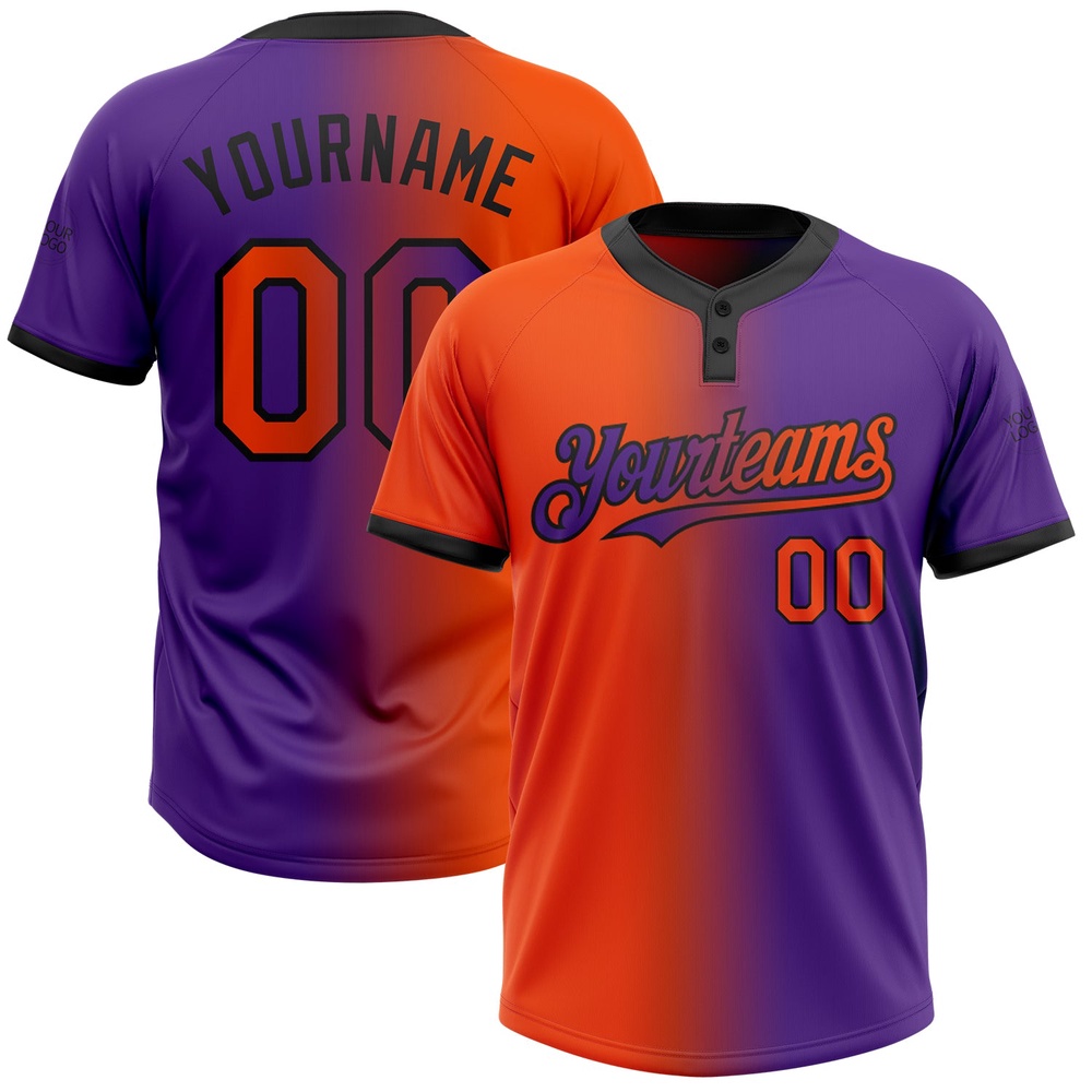 Purple Orange Black Gradient Fashion Two Button Unisex Softball Jersey, Custom Team Softball Jersey Purple Orange Black Gradient Fashion Two Button Unisex Softball Jersey, Custom Team Softball Jersey