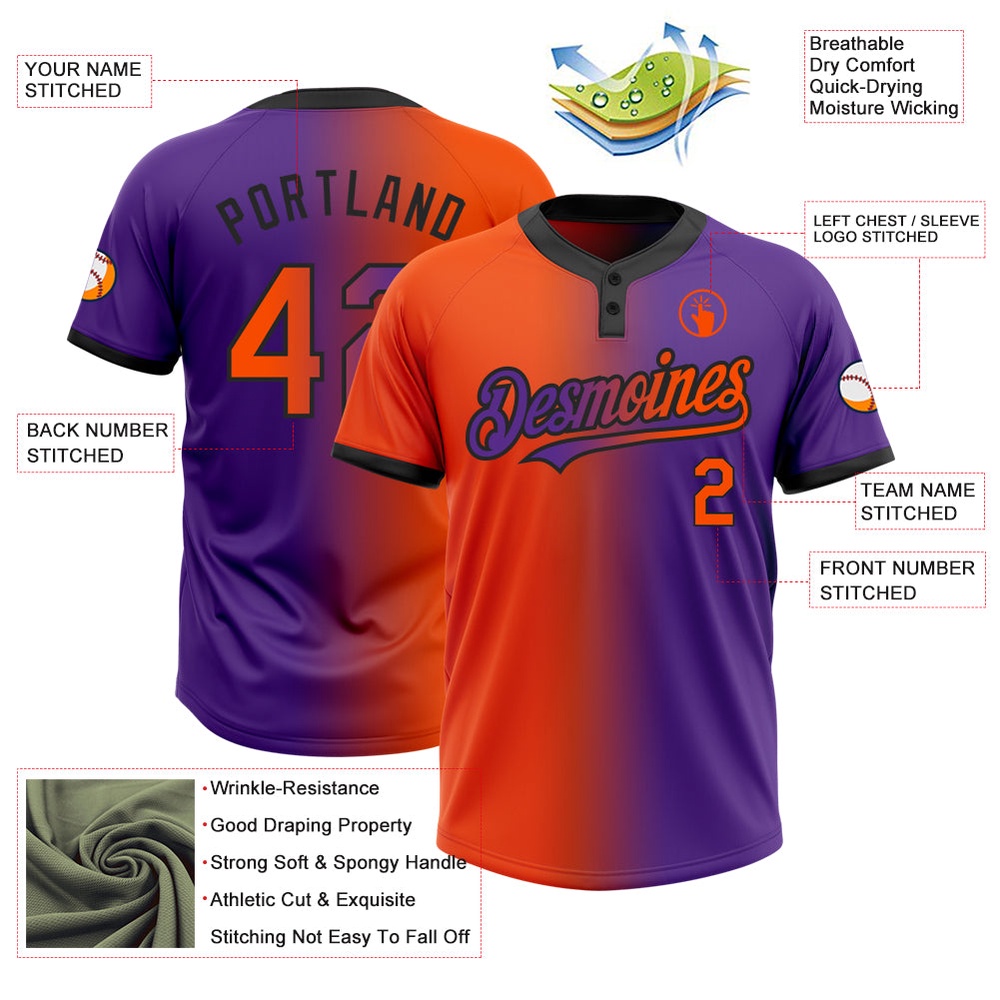 Purple Orange Black Gradient Fashion Two Button Unisex Softball Jersey, Custom Team Softball Jersey Purple Orange Black Gradient Fashion Two Button Unisex Softball Jersey, Custom Team Softball Jersey