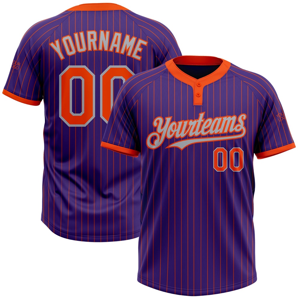 Purple Orange Pinstripe Gray Two Button Unisex Softball Jersey, Custom Team Softball Jersey Purple Orange Pinstripe Gray Two Button Unisex Softball Jersey, Custom Team Softball Jersey