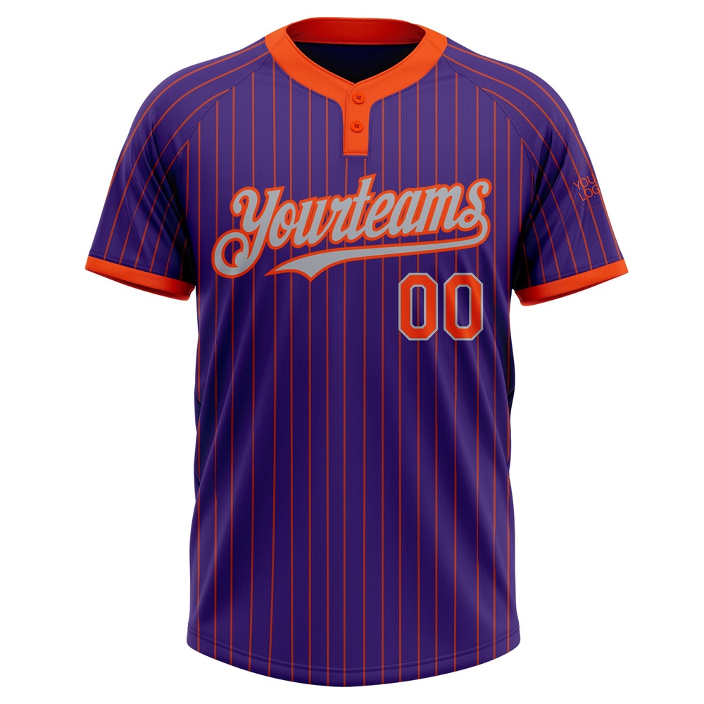 Purple Orange Pinstripe Gray Two Button Unisex Softball Jersey, Custom Team Softball Jersey Purple Orange Pinstripe Gray Two Button Unisex Softball Jersey, Custom Team Softball Jersey