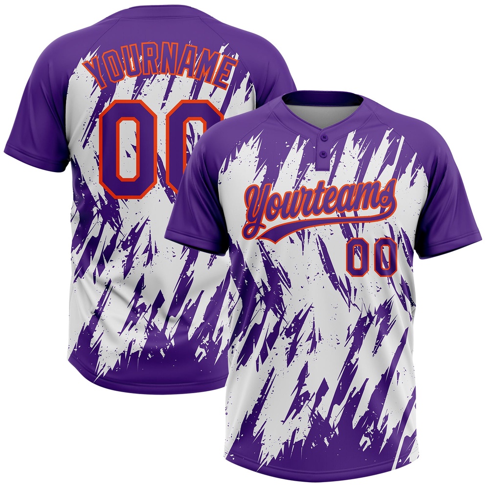 Purple Orange White 3D Pattern Abstract Sharp Shape Two Button Unisex Softball Jersey, Custom Team Softball Jersey Purple Orange White 3D Pattern Abstract Sharp Shape Two Button Unisex Softball Jersey, Custom Team Softball Jersey