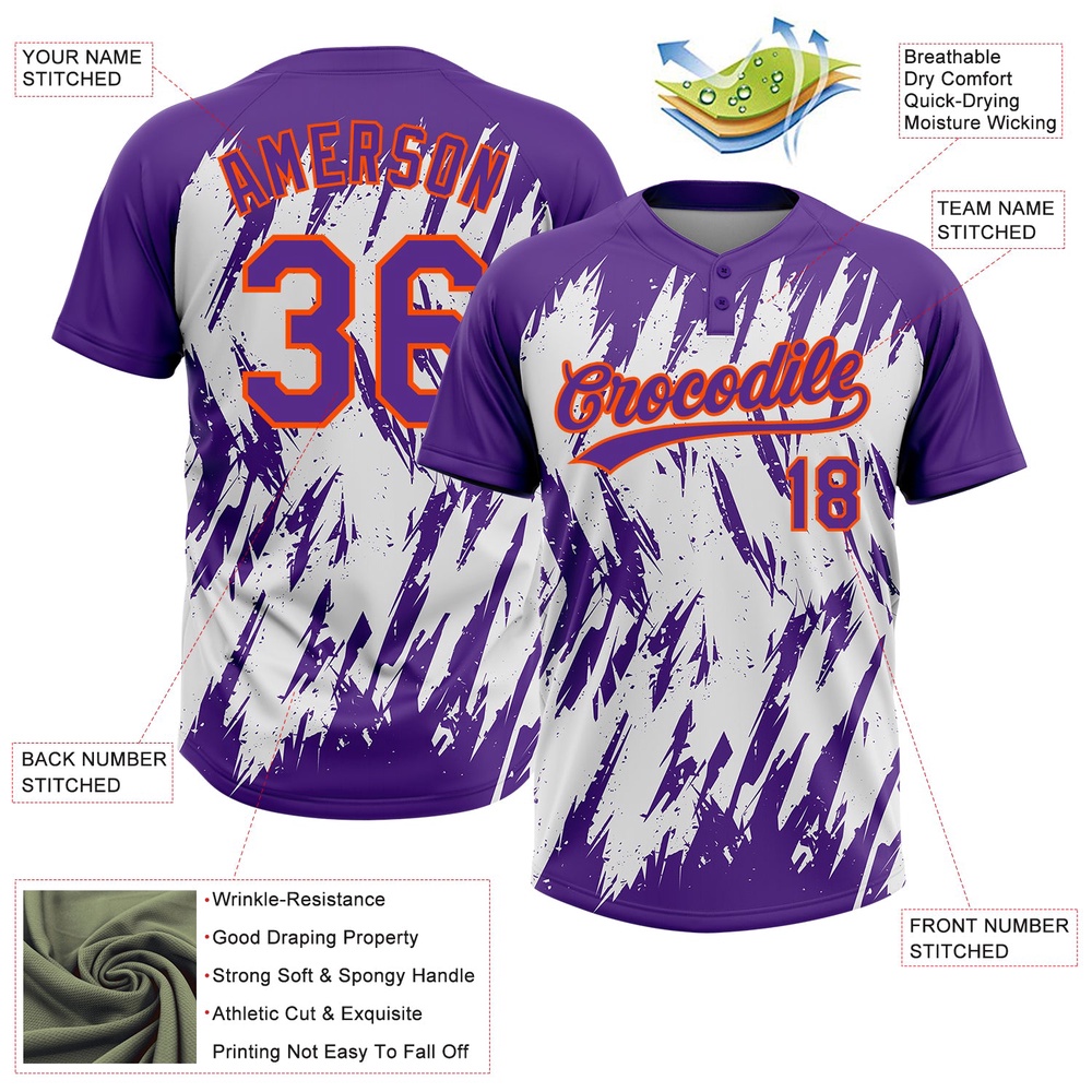 Purple Orange White 3D Pattern Abstract Sharp Shape Two Button Unisex Softball Jersey, Custom Team Softball Jersey Purple Orange White 3D Pattern Abstract Sharp Shape Two Button Unisex Softball Jersey, Custom Team Softball Jersey