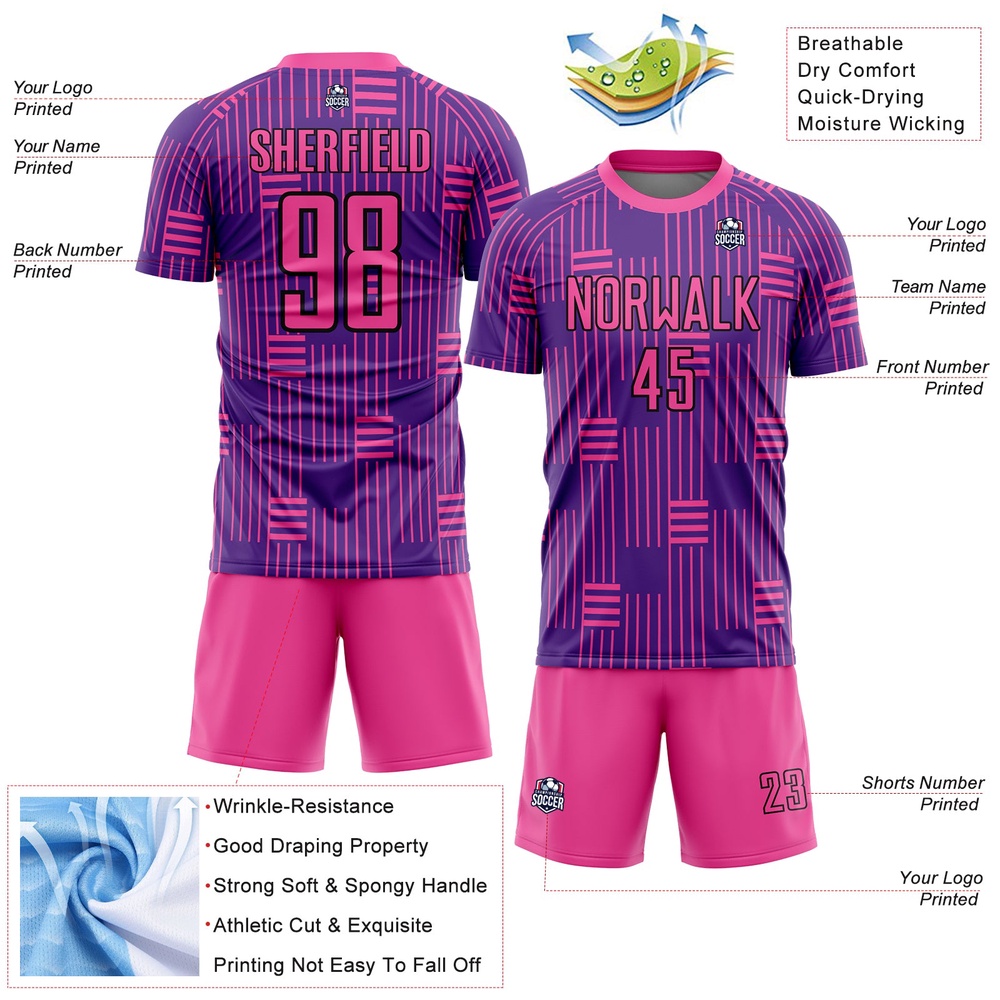 Purple Pink Black Lines Sublimation Soccer Uniform Jersey, Custom Team Soccer Jersey Shirt