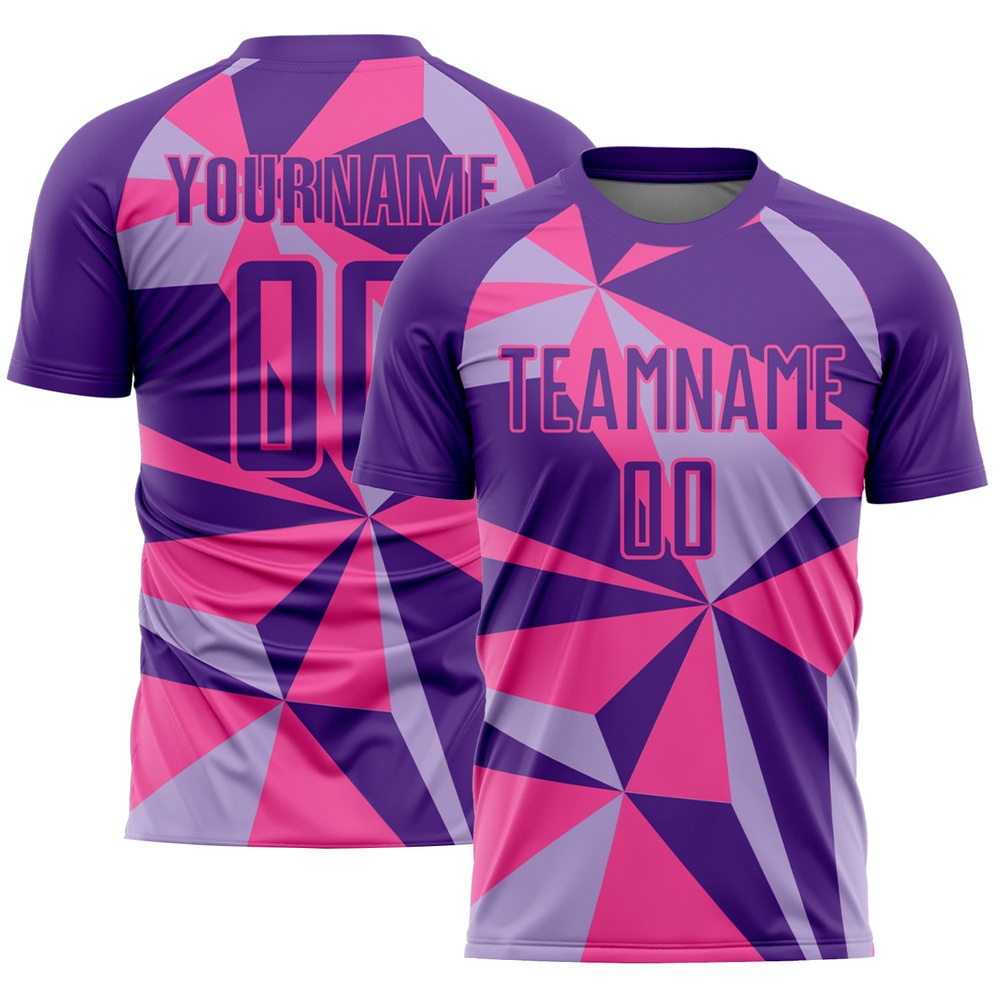 Purple Pink Geometric Pattern Sublimation Soccer Uniform Jersey, Custom Team Soccer Jersey Shirt Purple Pink Geometric Pattern Sublimation Soccer Uniform Jersey, Custom Team Soccer Jersey Shirt