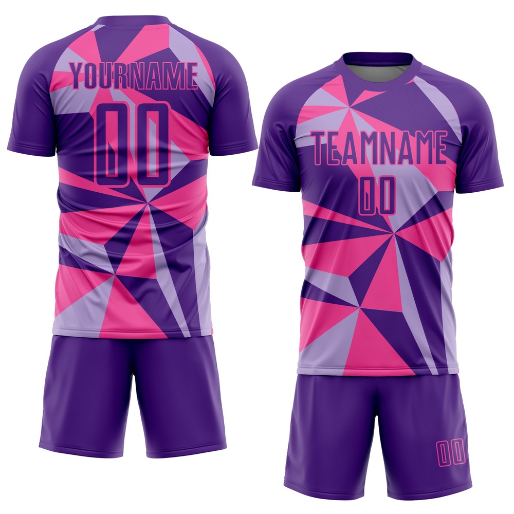 Purple Pink Geometric Pattern Sublimation Soccer Uniform Jersey, Custom Team Soccer Jersey Shirt Purple Pink Geometric Pattern Sublimation Soccer Uniform Jersey, Custom Team Soccer Jersey Shirt