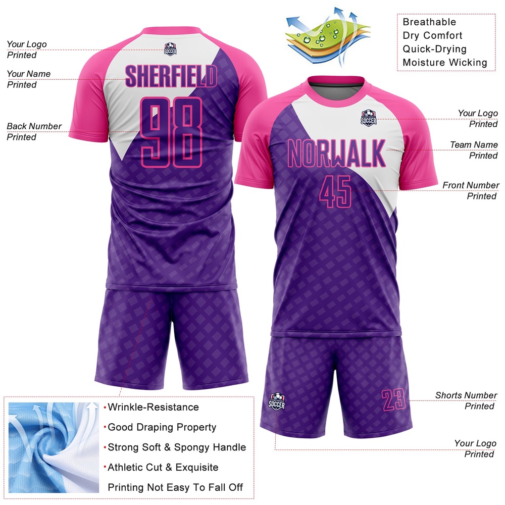 Purple Pink White Curve Lines Sublimation Soccer Uniform Jersey, Custom Team Soccer Jersey Shirt Purple Pink White Curve Lines Sublimation Soccer Uniform Jersey, Custom Team Soccer Jersey Shirt