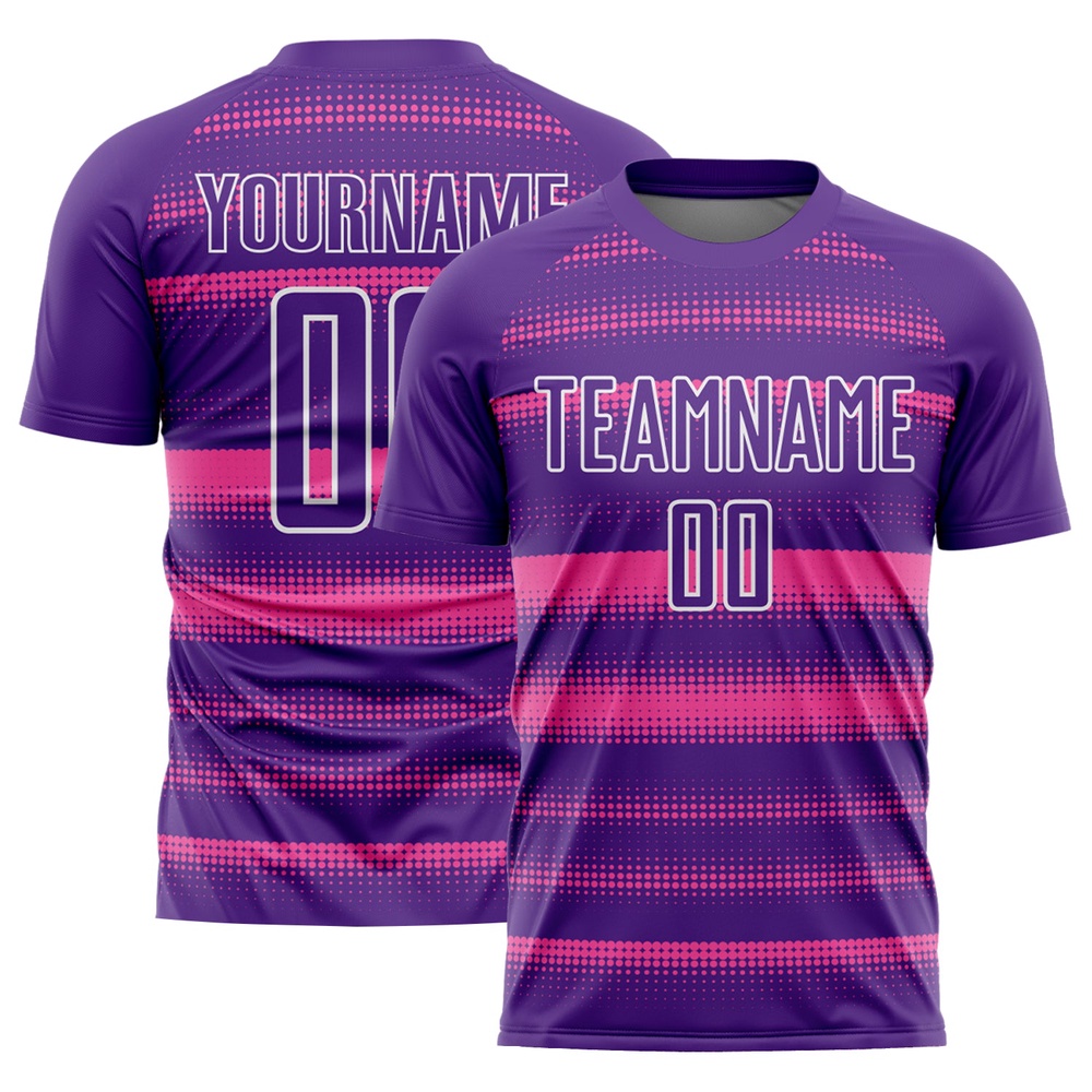 Purple Pink White Halftone Dots Sublimation Soccer Uniform Jersey, Custom Team Soccer Jersey Shirt Purple Pink White Halftone Dots Sublimation Soccer Uniform Jersey, Custom Team Soccer Jersey Shirt