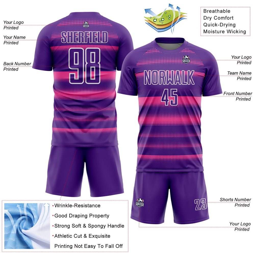 Purple Pink White Halftone Dots Sublimation Soccer Uniform Jersey, Custom Team Soccer Jersey Shirt Purple Pink White Halftone Dots Sublimation Soccer Uniform Jersey, Custom Team Soccer Jersey Shirt
