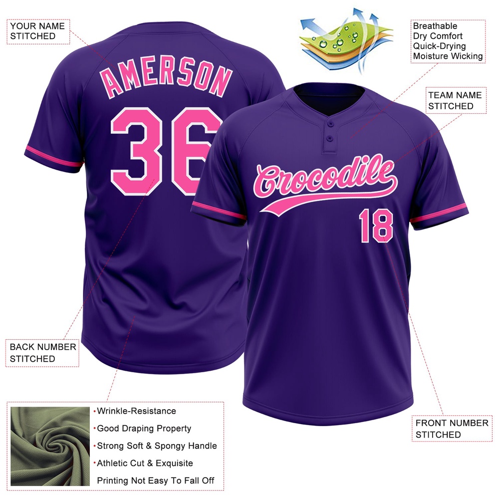Purple Pink White Two Button Unisex Softball Jersey, Custom Team Softball Jersey Purple Pink White Two Button Unisex Softball Jersey, Custom Team Softball Jersey