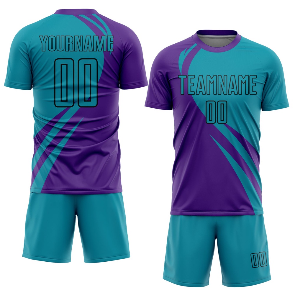 Purple Teal Black Curve Lines Sublimation Soccer Uniform Jersey, Custom Team Soccer Jersey Shirt Purple Teal Black Curve Lines Sublimation Soccer Uniform Jersey, Custom Team Soccer Jersey Shirt