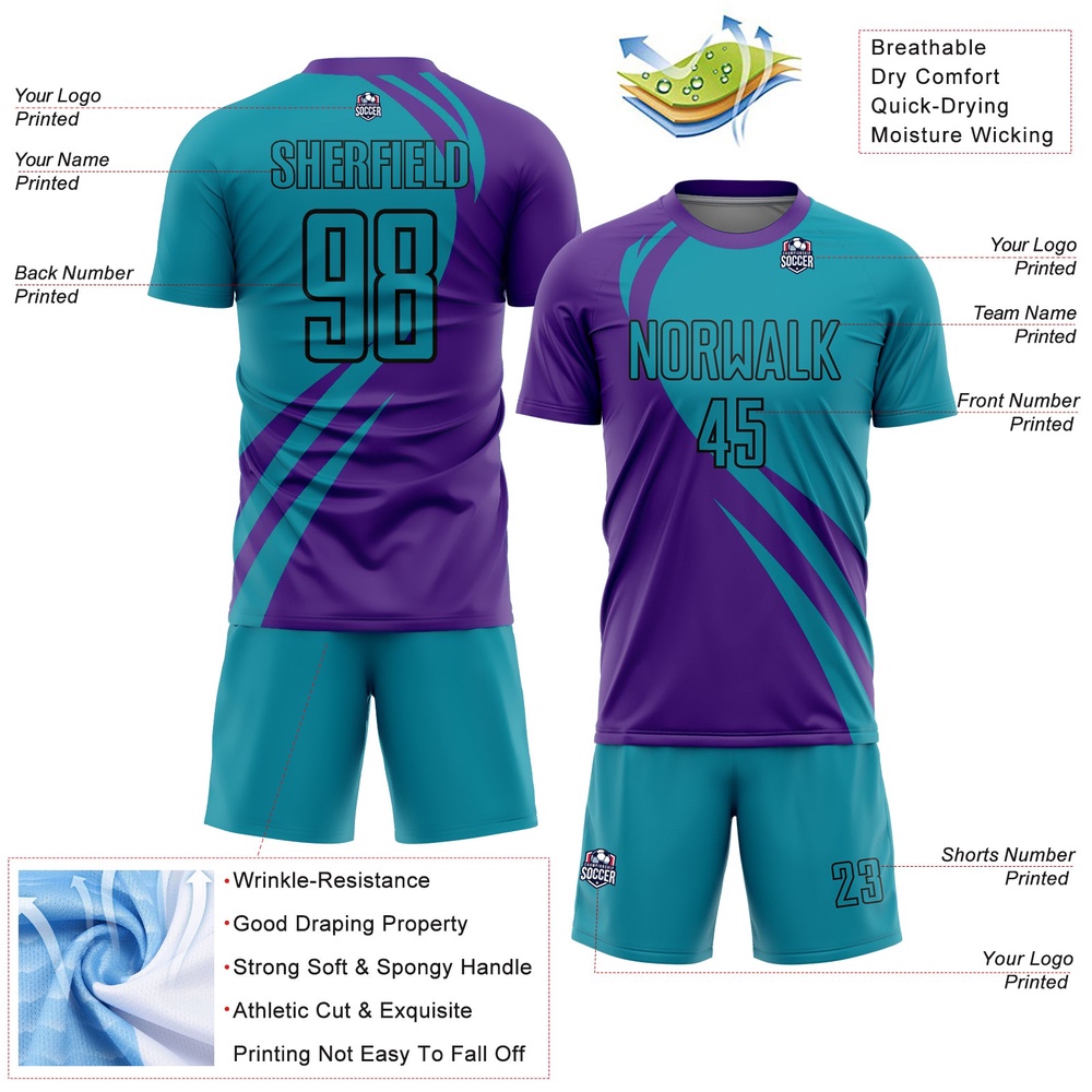 Purple Teal Black Curve Lines Sublimation Soccer Uniform Jersey, Custom Team Soccer Jersey Shirt Purple Teal Black Curve Lines Sublimation Soccer Uniform Jersey, Custom Team Soccer Jersey Shirt