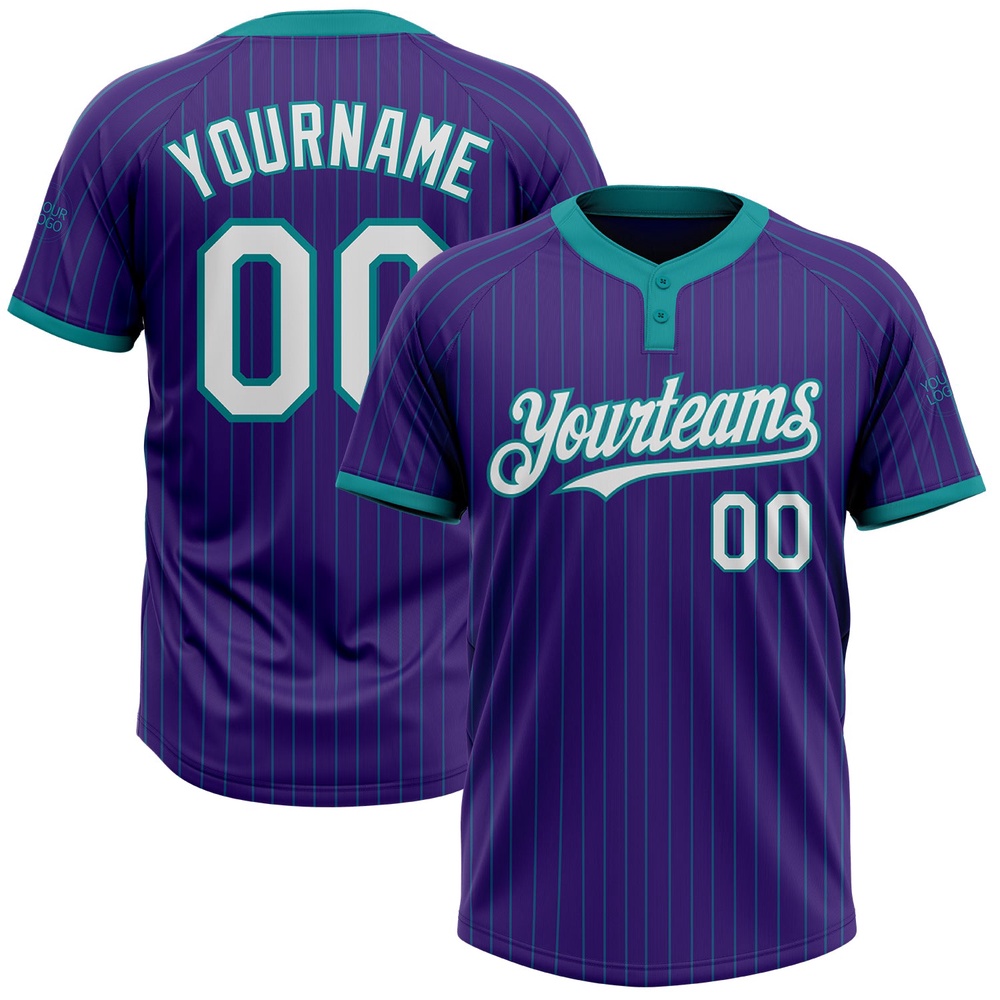 Purple Teal Pinstripe White Two Button Unisex Softball Jersey, Custom Team Softball Jersey