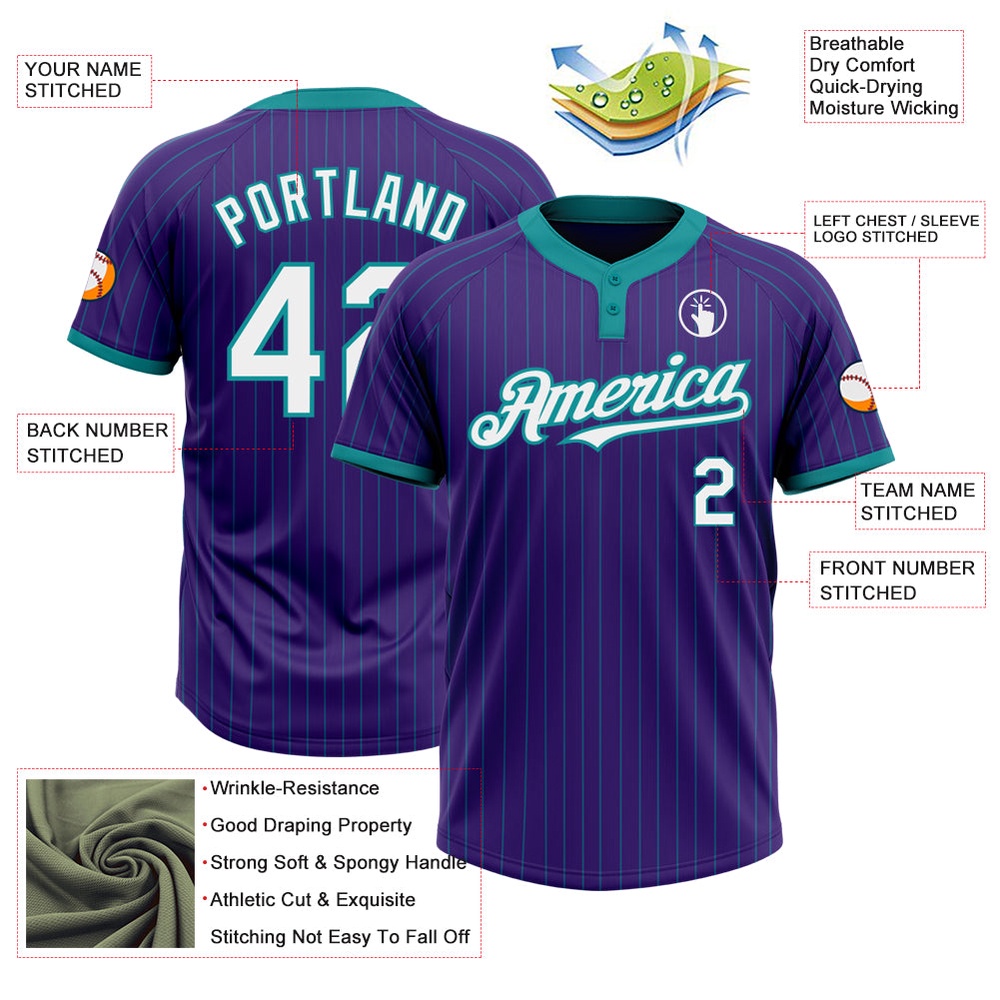 Purple Teal Pinstripe White Two Button Unisex Softball Jersey, Custom Team Softball Jersey