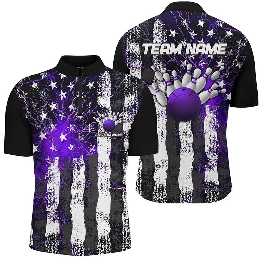 Purple Thunder Lightning American Flag Unisex Bowling Team Shirts, Patriotic Bowlers Outfit, Custom Bowling Team Jersey Shirt
