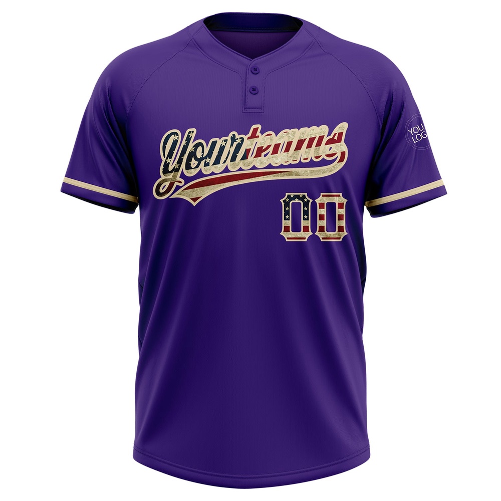 Purple Vintage USA Flag City Cream Two Button Unisex Softball Jersey, Custom Team Softball Jersey