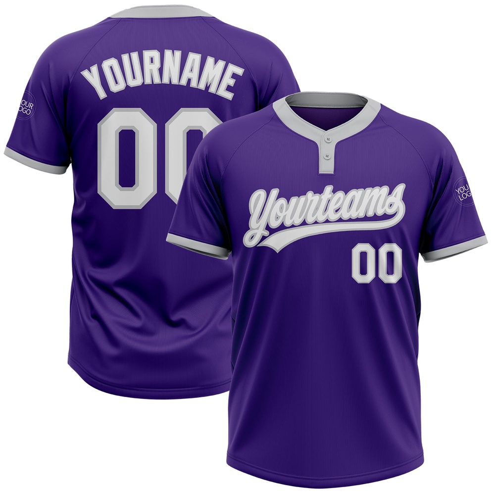 Purple White Gray Two Button Unisex Softball Jersey, Custom Team Softball Jersey Purple White Gray Two Button Unisex Softball Jersey, Custom Team Softball Jersey