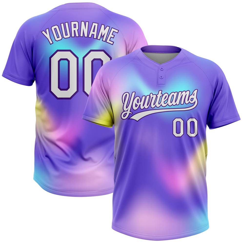 Purple White Pink 3D Pattern Two Button Unisex Softball Jersey, Custom Team Softball Jersey