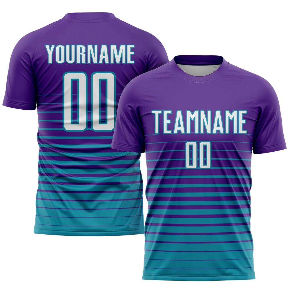 Purple White Teal Pinstripe Fade Fashion Sublimation Soccer Uniform Jersey, Custom Team Soccer Jersey Shirt