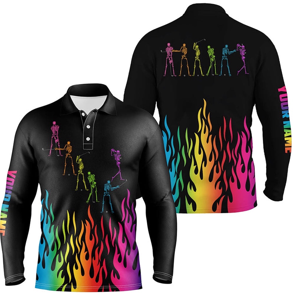 Rainbow Flame Golf Skeleton Custom Black Men’s Black Men’s Golf Shirt, Golf Polo Shirt, Golf Shirts
