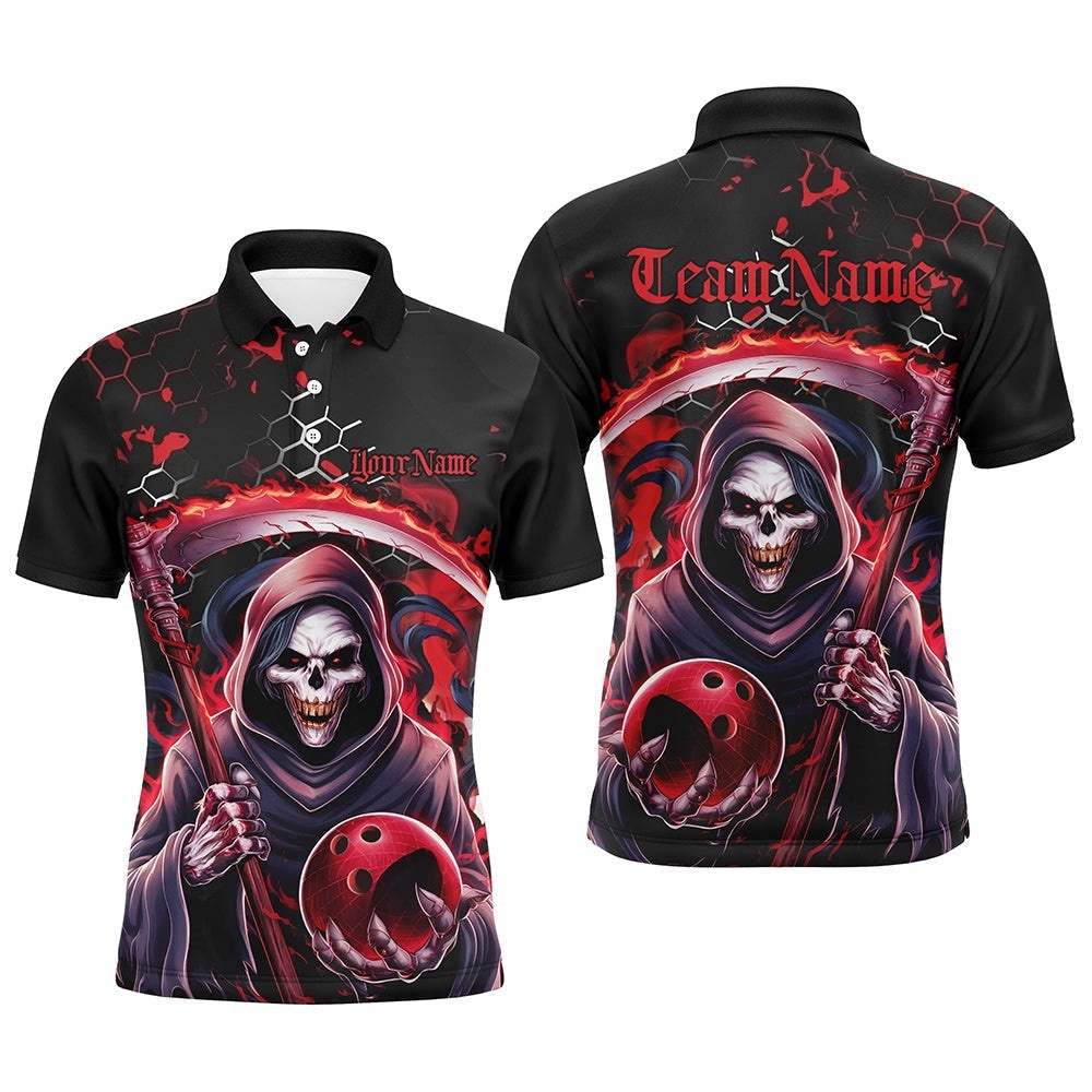 Red And Black Custom Grim Reaper Bowling Polo Shirts For Men, Halloween Skull Bowling Shirts Outfit, Personalized Bowling Team Shirt