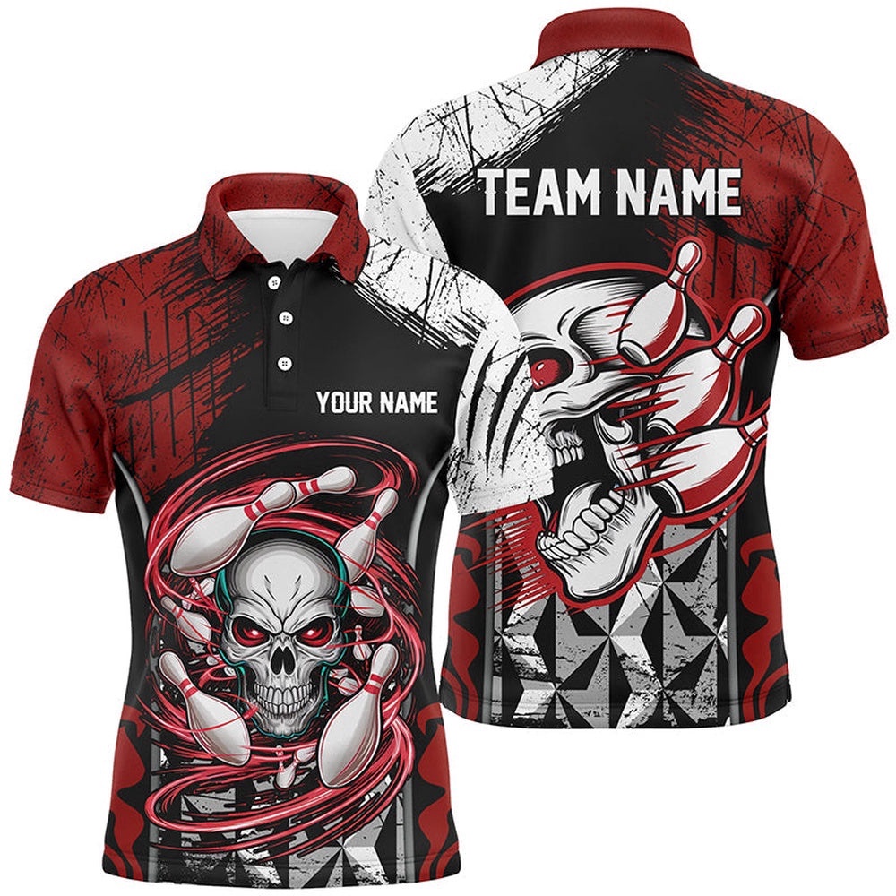 Red And Black Custom Skull Bowling Shirts, Short Sleeve Bowling Polo Shirts For Men Bowling Uniform, Personalized Bowling Team Shirt