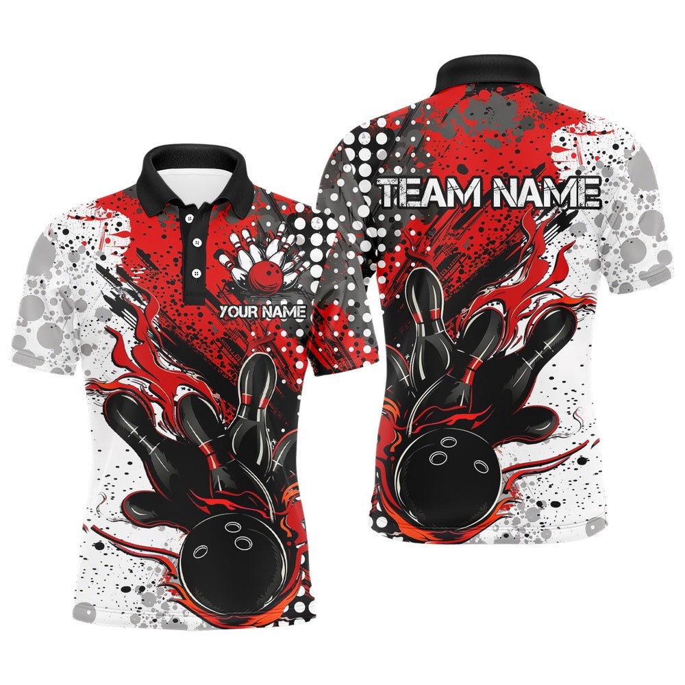 Red And Black Flame Bowling Team Shirts, Strike Bowling Short Sleeve Polo Shirts For Men, Personalized Bowling Team Shirt Red And Black Flame Bowling Team Shirts, Strike Bowling Short Sleeve Polo Shirts For Men, Personalized Bowling Team Shirt