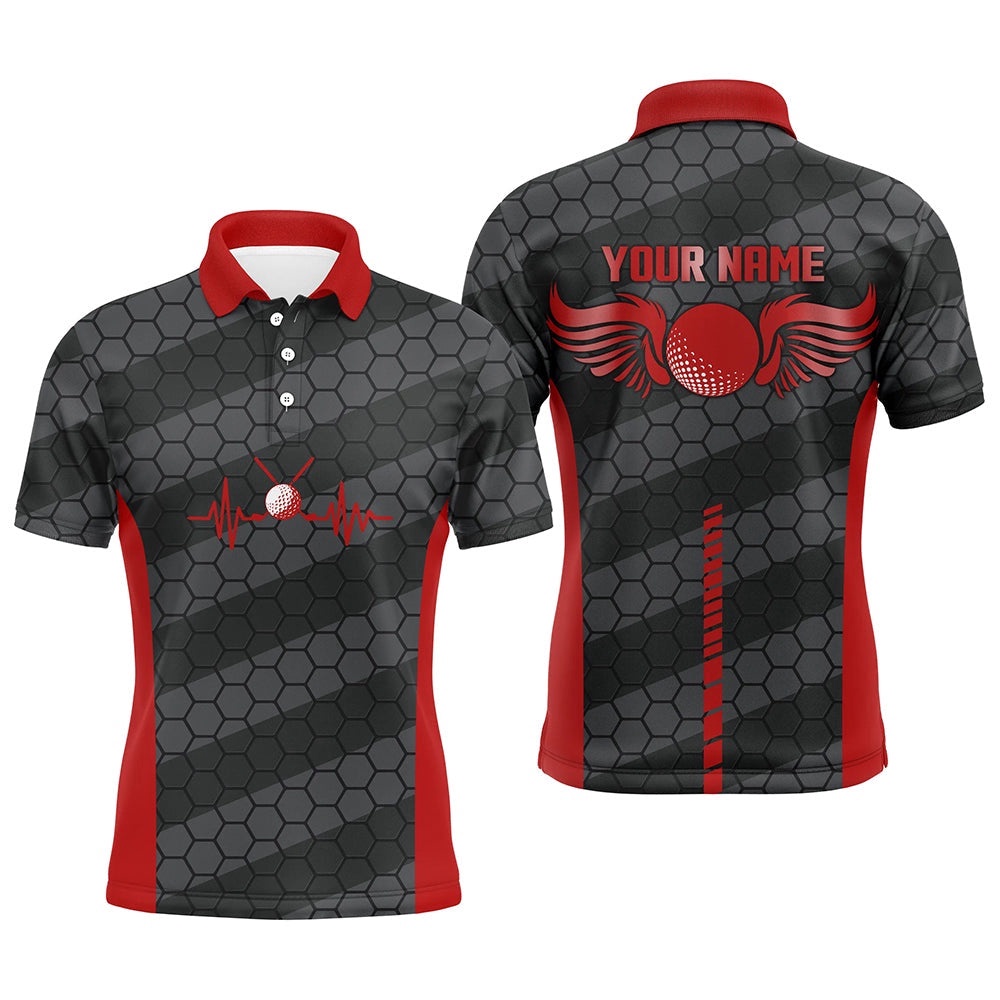 Red And Black Heartbeat Men’s Golf Polo Shirts Personalized Golf Polos For Men, Cool Golf Gifts, Golf Polo Shirt, Golf Shirts